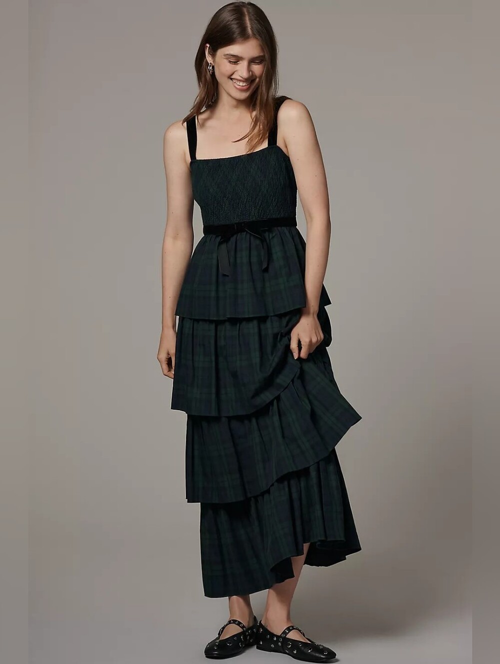 SAYLOR Dark Green and Navy Plaid Tiered Maxi Dress with Velvet Straps